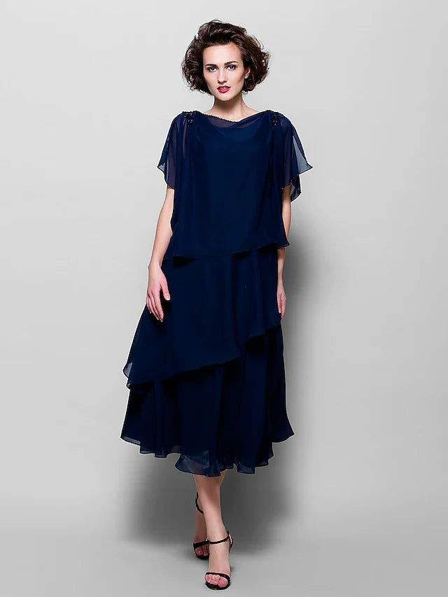 Wholesale A-Line Mother of the Bride Dress Plus Size Elegant Cowl Neck Tea Length Chiffon Short Sleeve with Ruffles Crystal Brooch